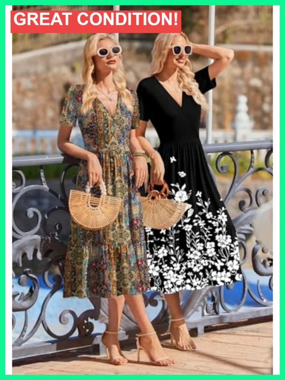 Short Sleeve Midi Wrap V-Neck Floral Tiered A-Line Dress with Pockets - Picture 3 of 6